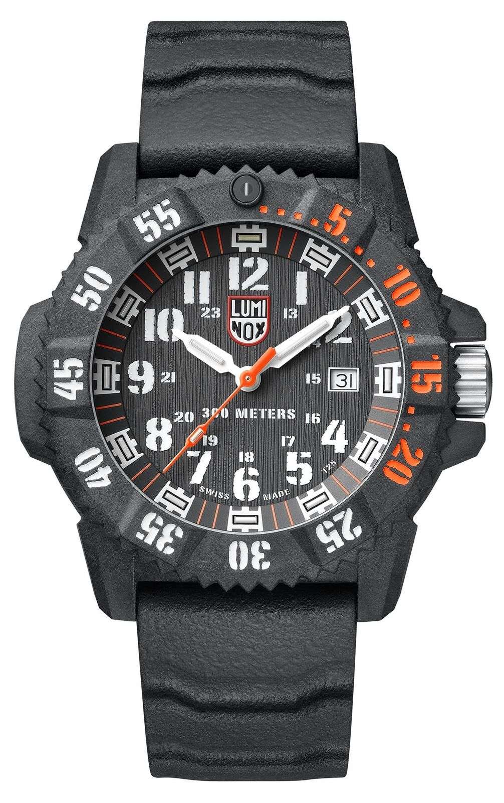 Luminox Master Carbon Seal quartz watch, black dial with orange accents, date window, silicone strap