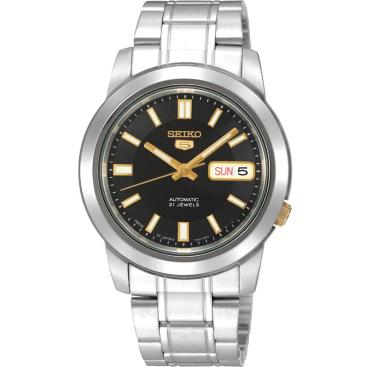 Automatic men’s wristwatch with black dial, gold hour markers, stainless steel bracelet