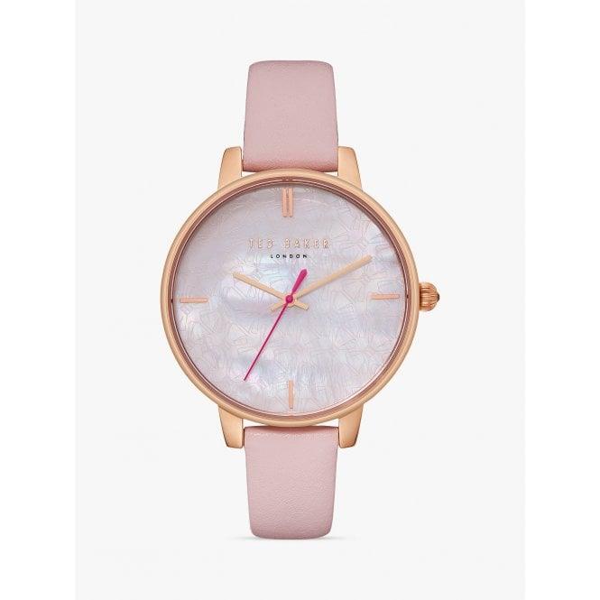 Ladies rose gold watch with pink leather strap, white dial, rose gold crown at right