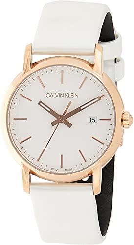 Ladies watch with white leather strap, rose-gold case, silver dial and date 15