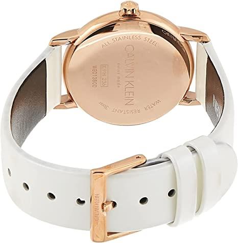 Ladies watch back view with rose-gold case back and white leather strap buckle