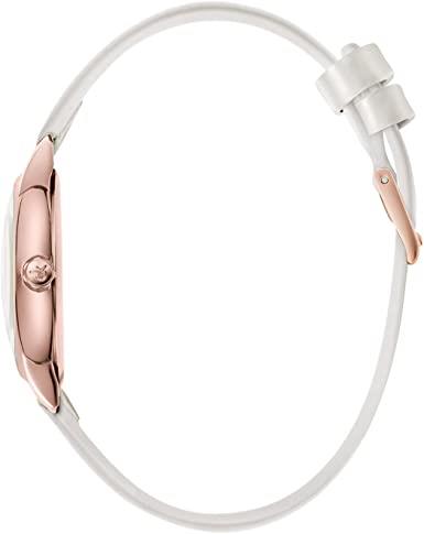 Ladies watch with white leather strap and rose-gold-toned case side detail