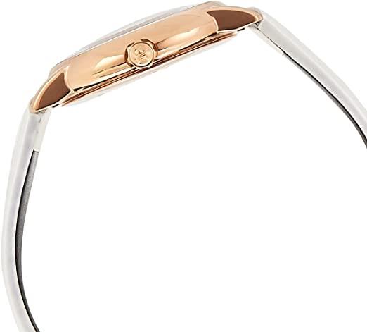 Ladies watch side close-up with rose-gold-toned bezel and white leather strap