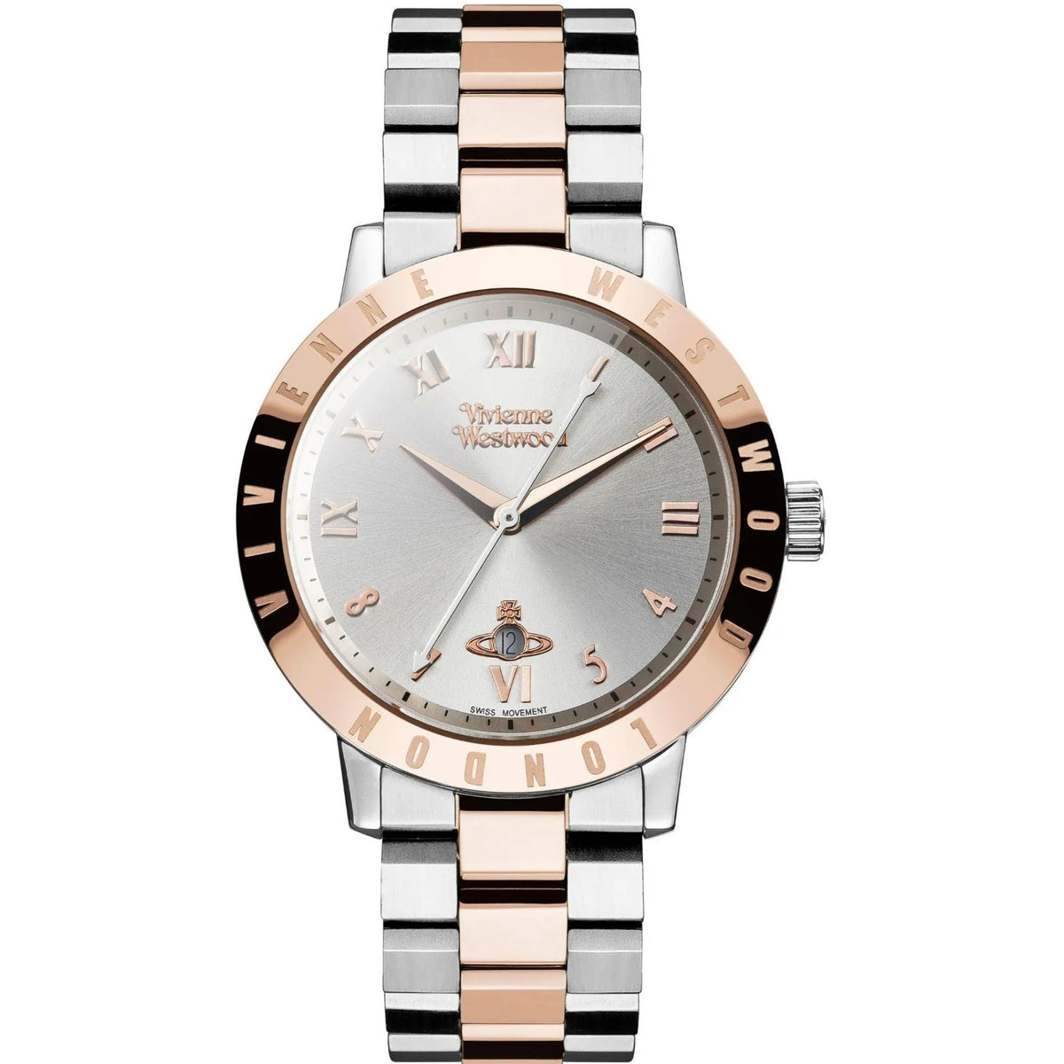 Two-tone rose-gold and silver ladies quartz watch with silver dial and Roman numerals