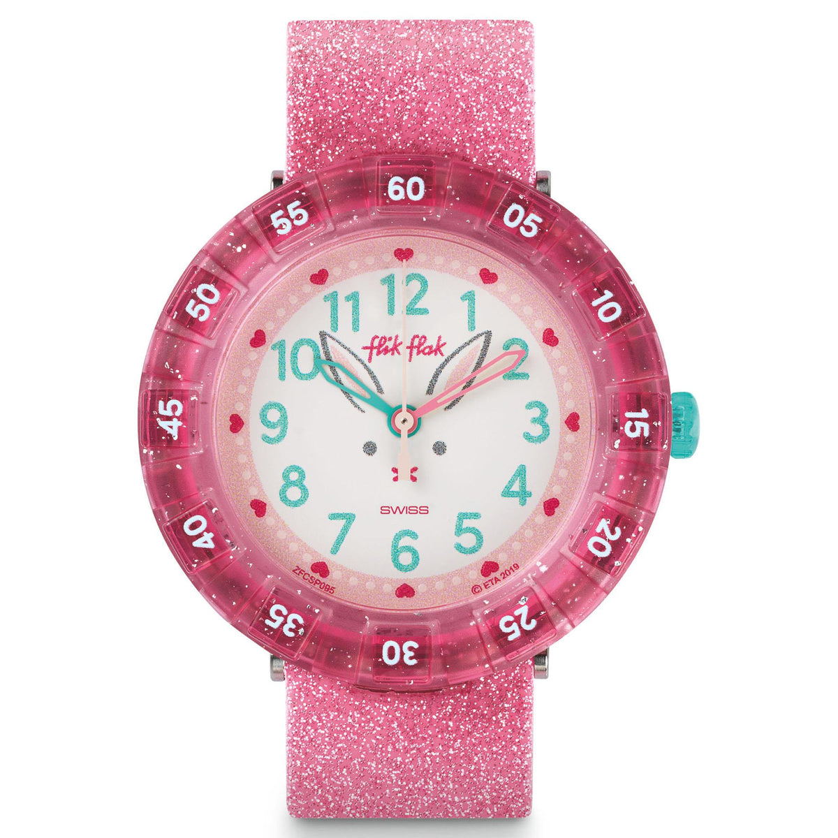 Girls pink glitter silicone watch with white dial and teal hands, round pink bezel