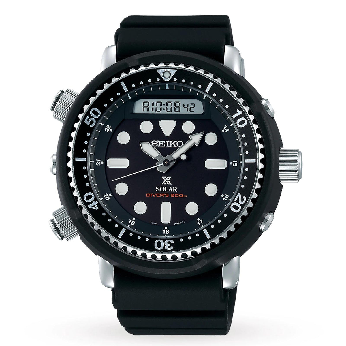 Seiko Prospex dive watch front view with black dial, bezel markers, and black strap