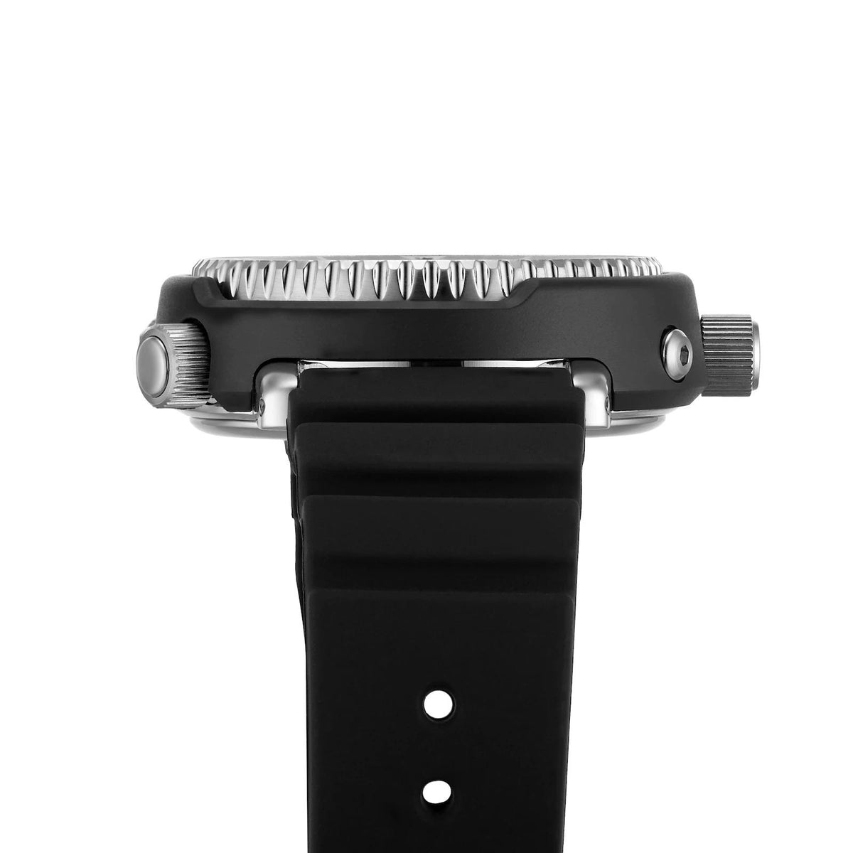 Seiko Prospex dive watch top view with ridged bezel and crown on black case