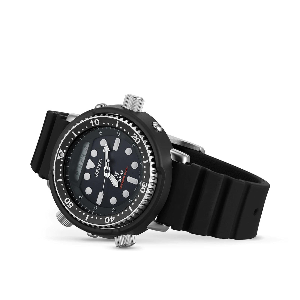 Seiko Prospex dive watch angled front view with black dial, bezel, and black silicone strap