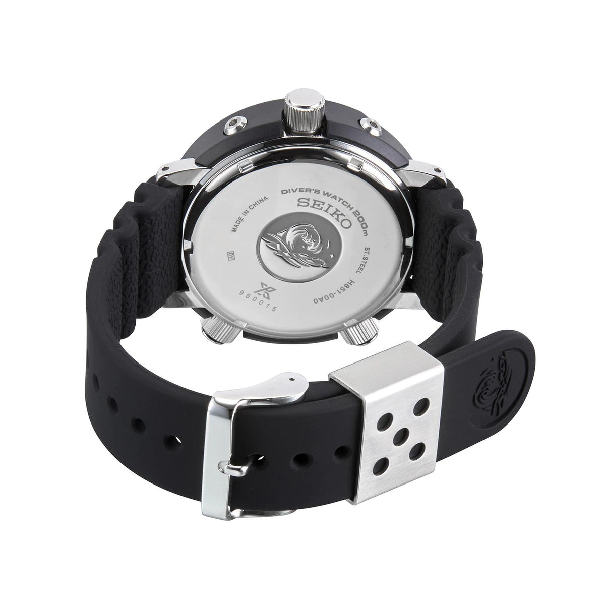 Seiko Prospex dive watch back view with metal caseback and deployant buckle, black strap