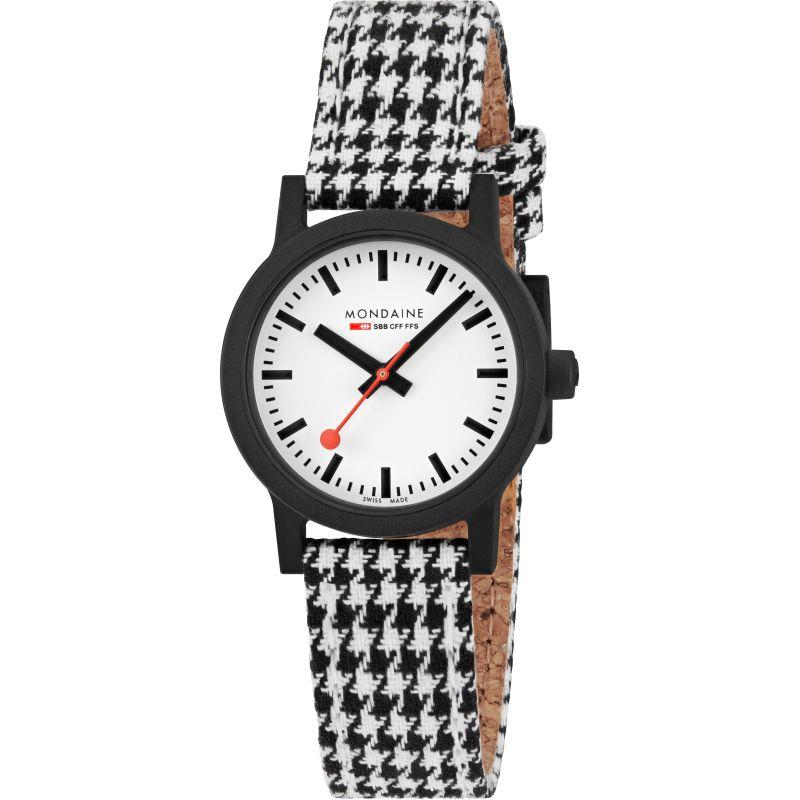 Quartz watch with white dial and orange hands; black houndstooth strap