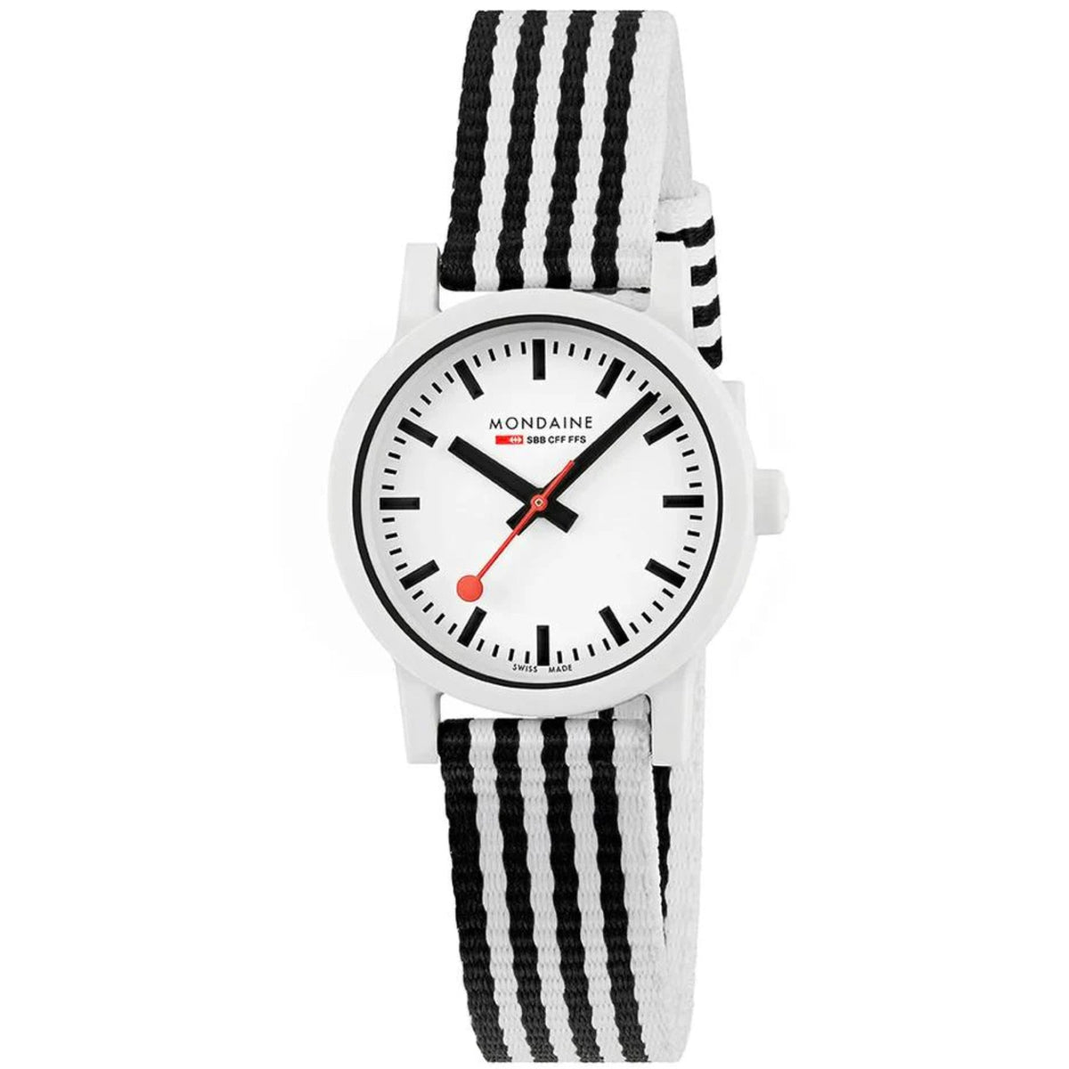 Quartz watch with white dial, orange hands, white case; black-and-white striped strap