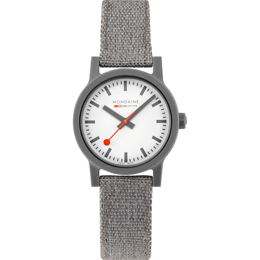 Mondaine Essence quartz ladies watch, white dial, grey textile strap, round case
