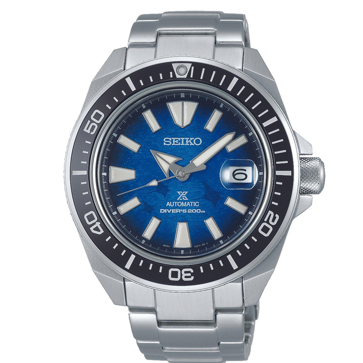 Men's stainless steel automatic diver watch with blue dial and rotating black bezel
