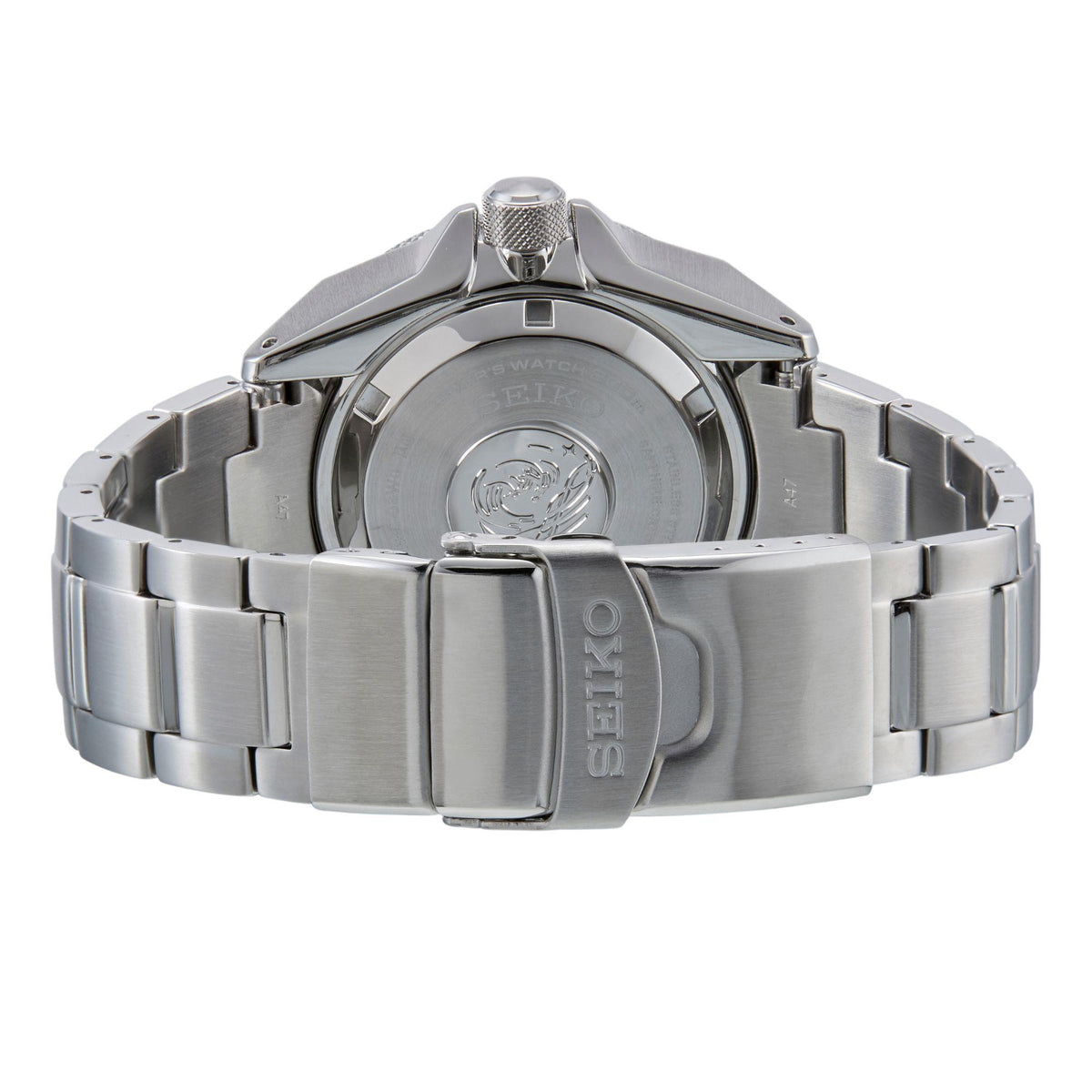 Men's stainless steel diver watch caseback with clasp and engraved back plate
