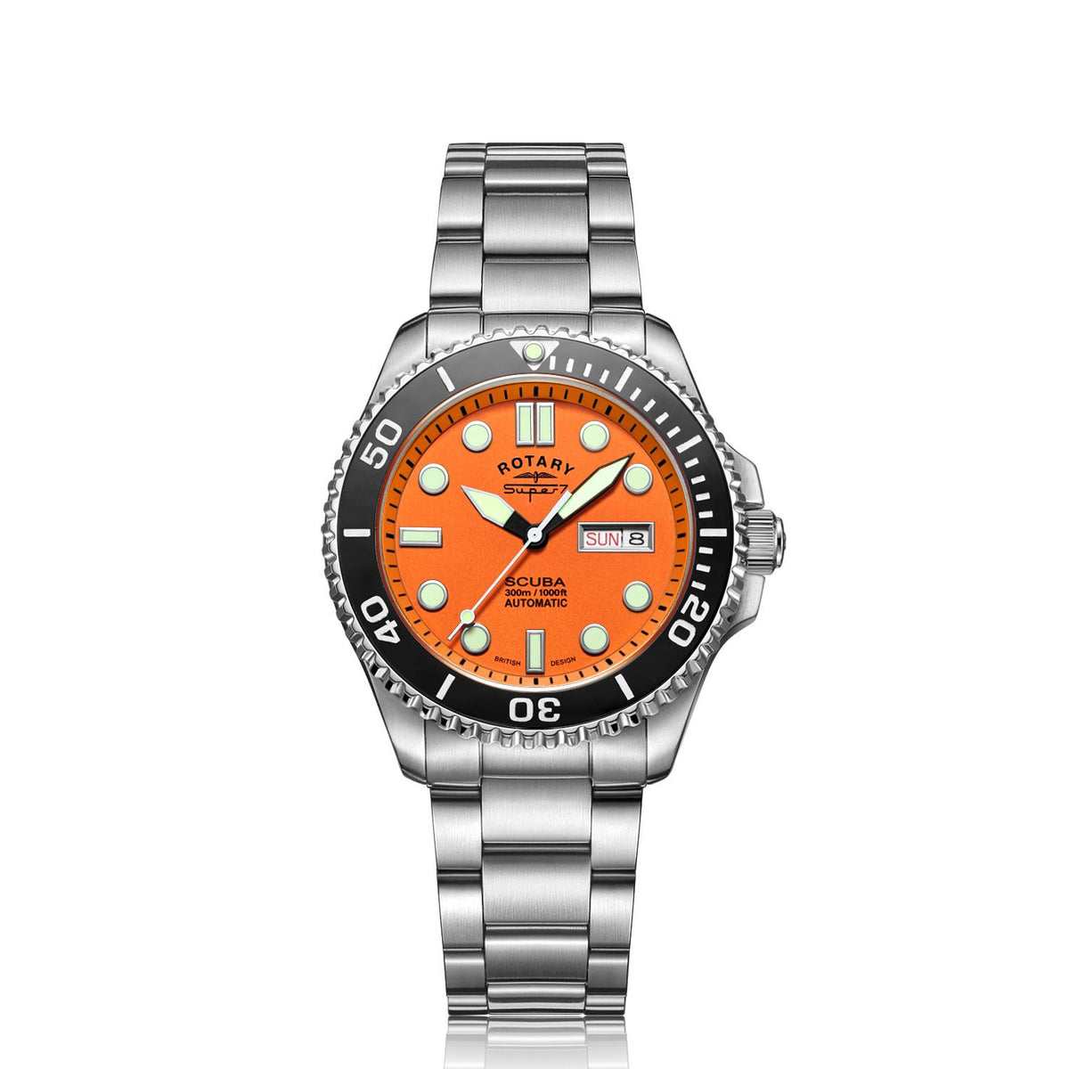 Men's dive watch on stainless steel bracelet with orange dial and black bezel