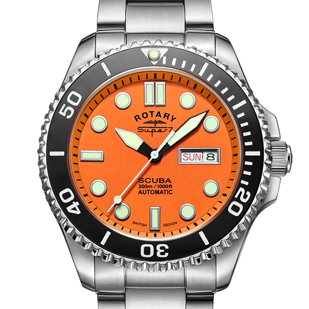 Men's dive watch dial close-up: orange face with black bezel and steel markers