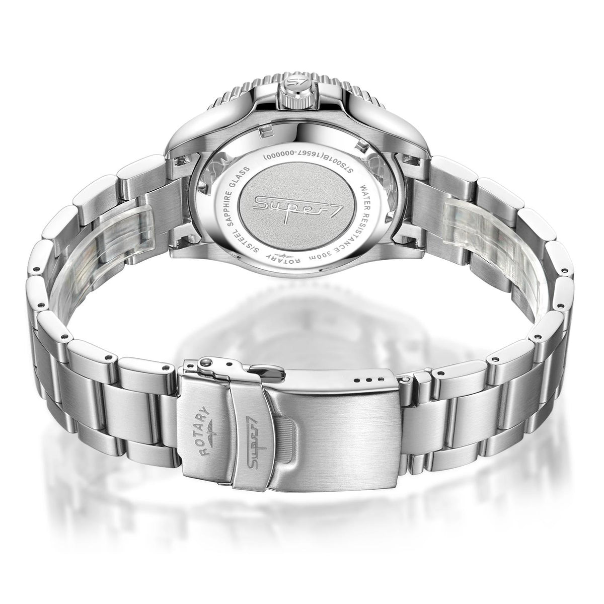 Men's stainless steel dive watch caseback showing branding on the back of the case