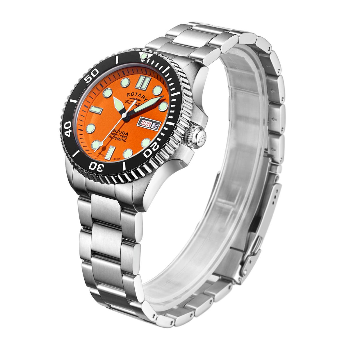Men's dive watch angled side view with orange dial, black bezel, and stainless bracelet