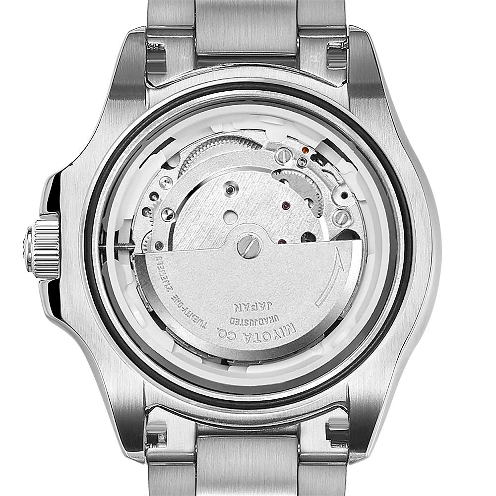 Men's dive watch caseback view with silver stainless steel bracelet and bezel