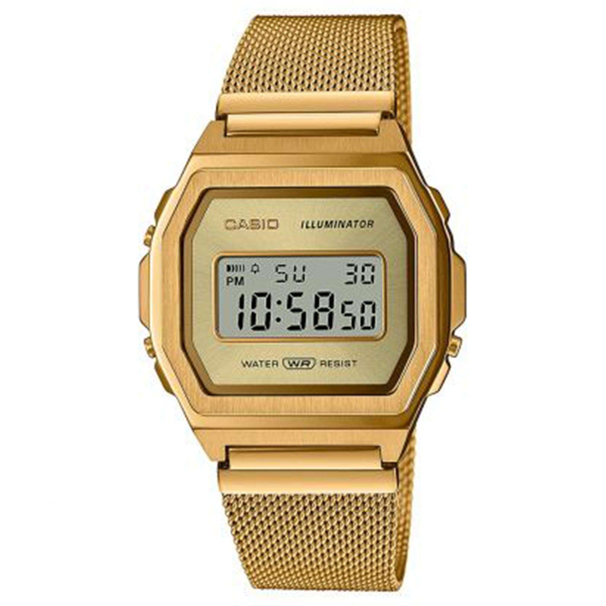 Casio rectangular gold-tone digital watch with milanese mesh stainless bracelet.