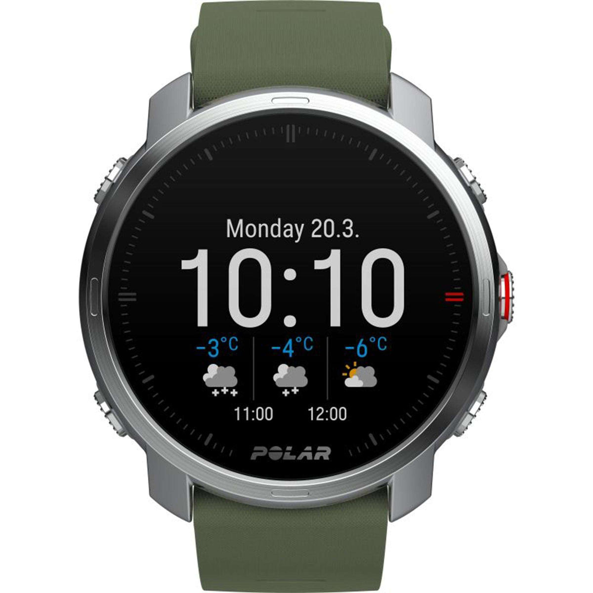 Green rubber-strap digital smartwatch with black dial and silver case, digital time 10:10