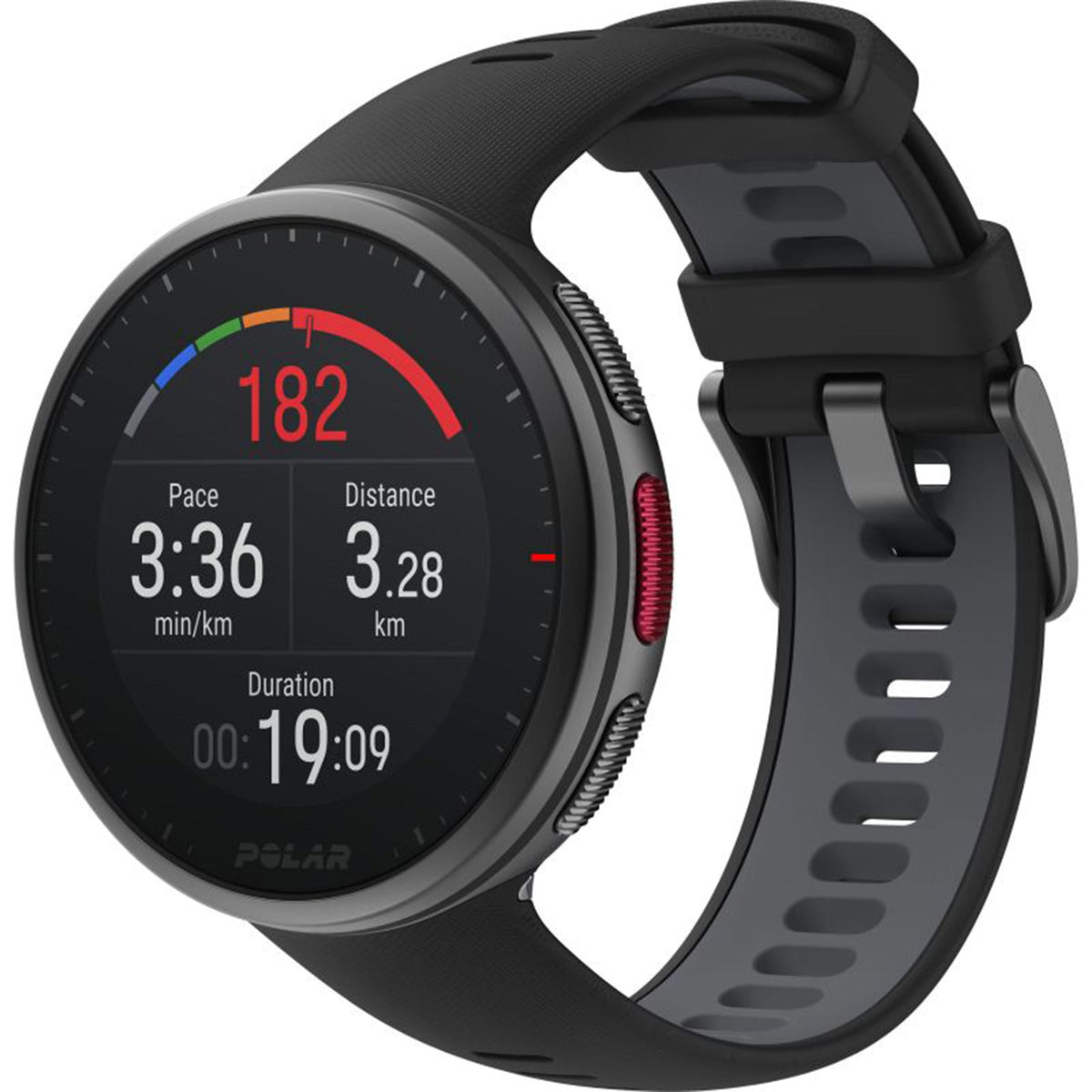 Black rubber-strap smartwatch with round digital dial showing red/blue activity stats