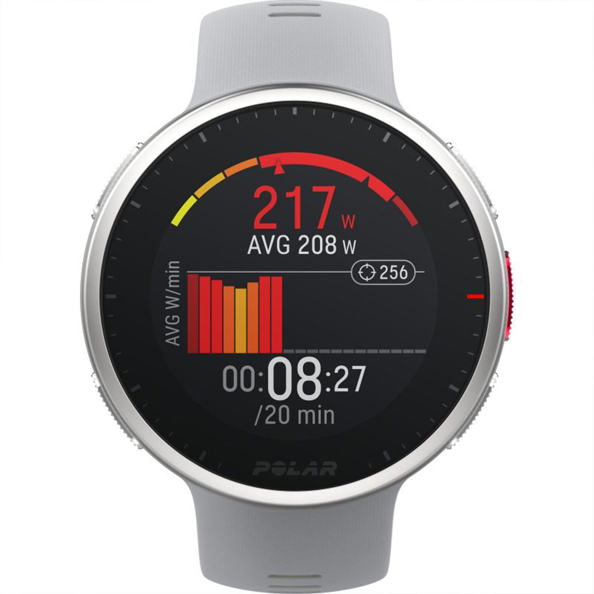 Grey rubber-strap smartwatch with black dial showing performance stats
