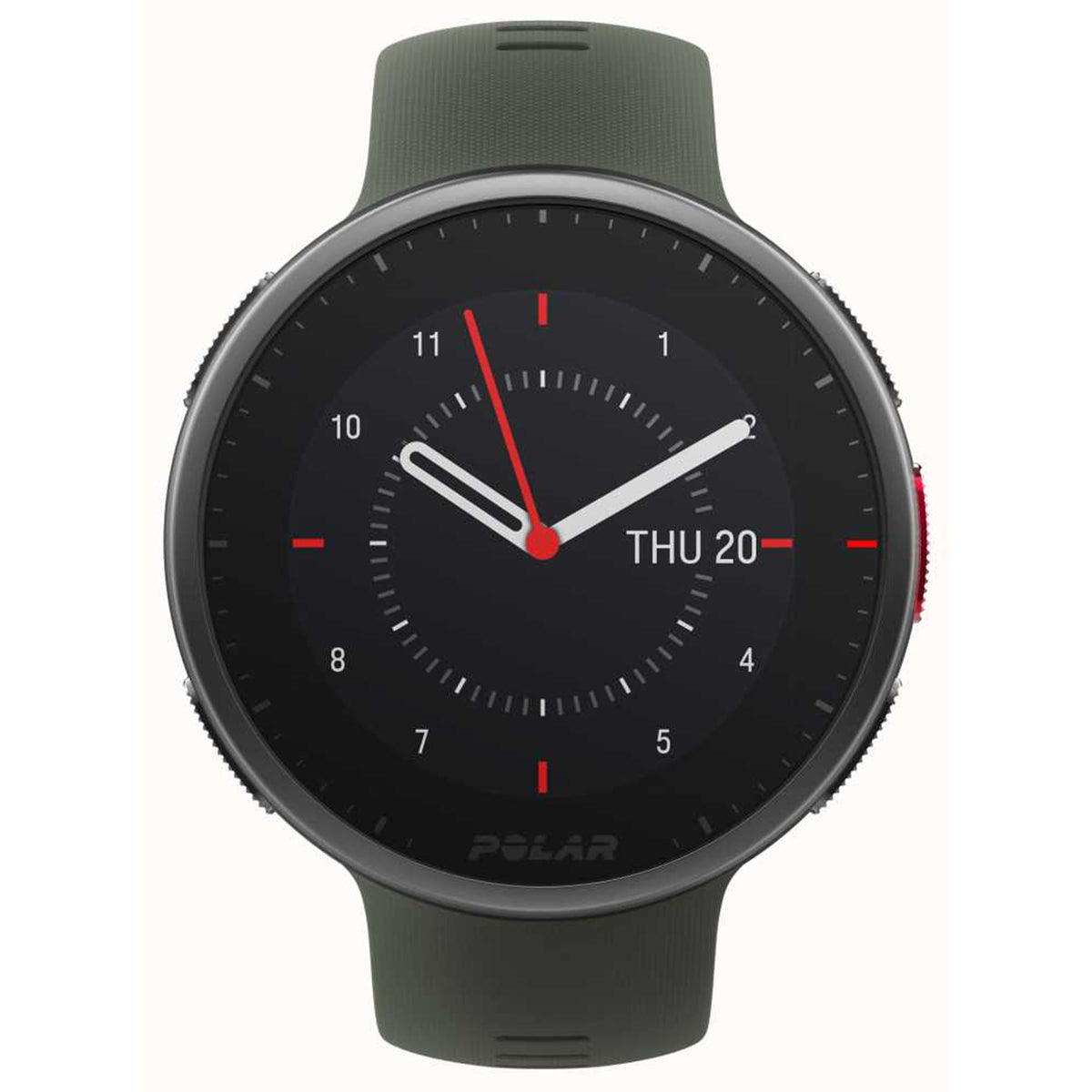 Round smartwatch with black dial, red hands, green rubber strap.