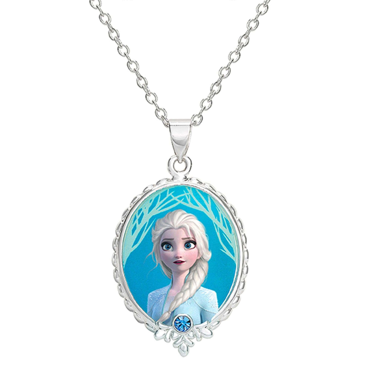 Silver-plated oval pendant necklace featuring Elsa portrait in blue enamel with rhinestone detail