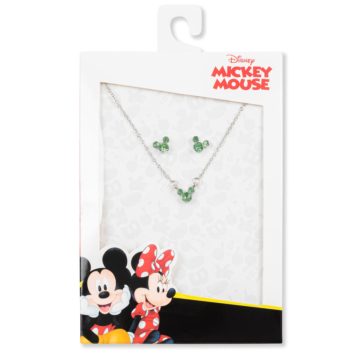 Mickey Mouse birthstone jewelry set on gift card, silver-tone chain and green crystal stones