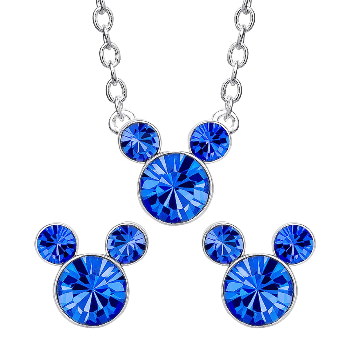 Silver-tone Mickey-style pendant necklace with blue stud earrings set