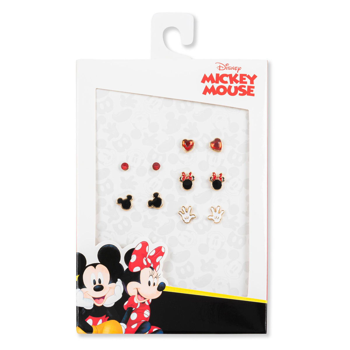 Mickey Mouse stud earring set card packaging with assorted red, black, and gold pieces