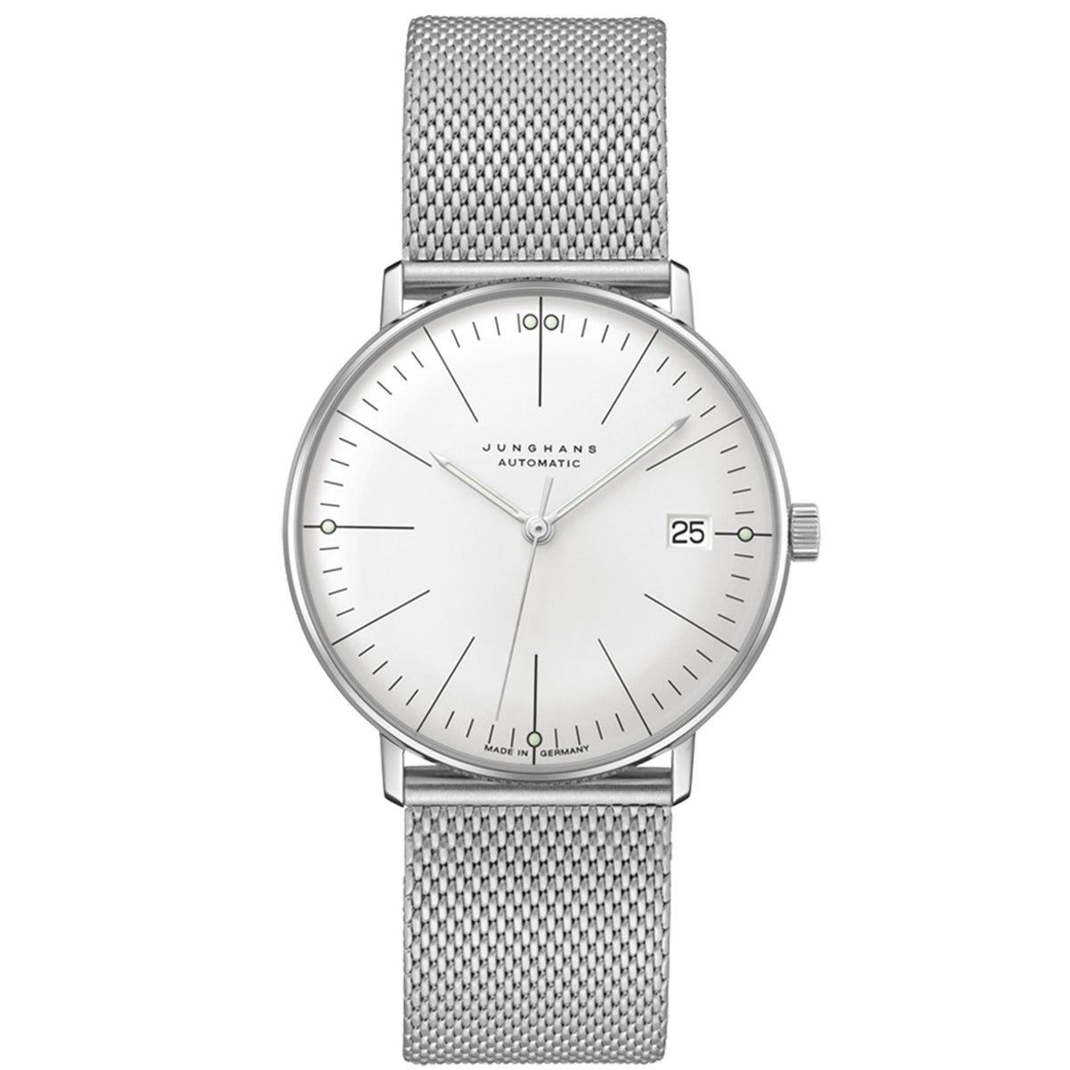 Mens automatic wristwatch with white dial, slim stainless case, mesh bracelet, date at 25