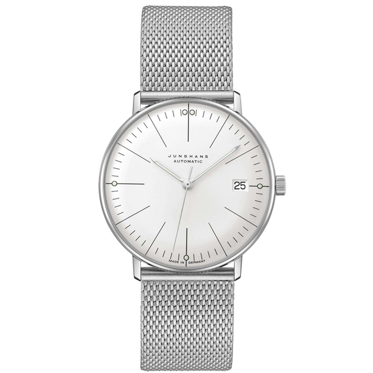 Mens automatic wristwatch with white dial, slim stainless case, mesh bracelet, date window