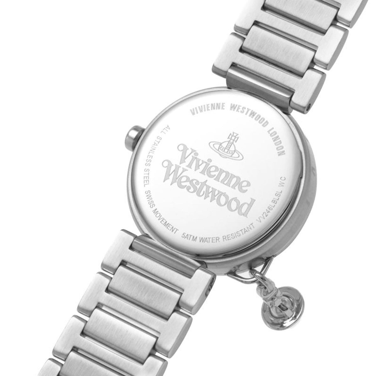 Vivienne Westwood Poplar quartz watch back view, engraved case back, stainless steel bracelet.