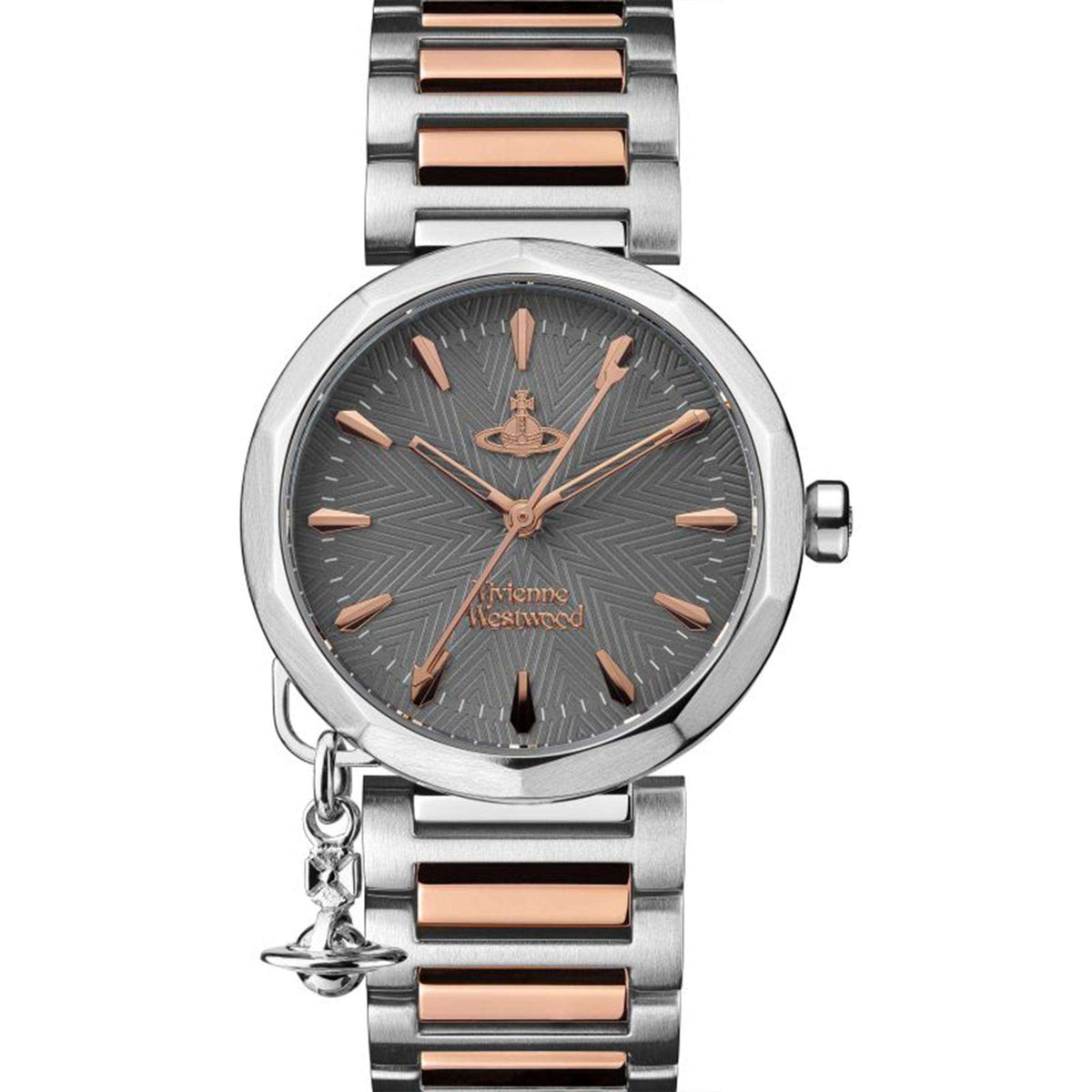 Ladies stainless steel quartz watch front view, grey dial with rose-gold hands and charm
