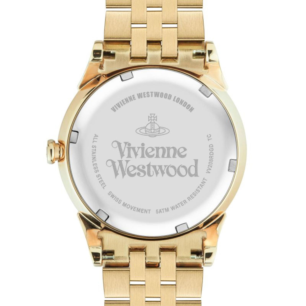 Ladies quartz watch caseback showing Vivienne Westwood text on white surface, gold-tone bracelet