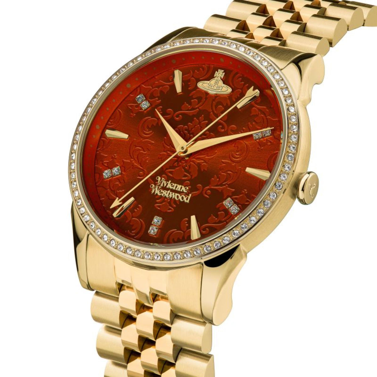 Ladies quartz watch side view with orange dial, gold-tone stainless bracelet and crystal bezel