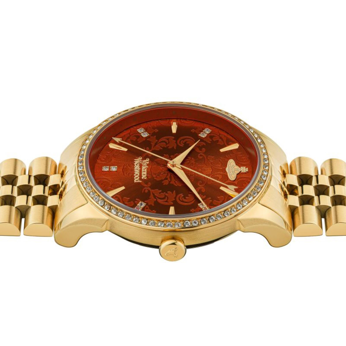 Ladies quartz watch with orange dial and gold-tone bracelet links, crystal bezel, side crown