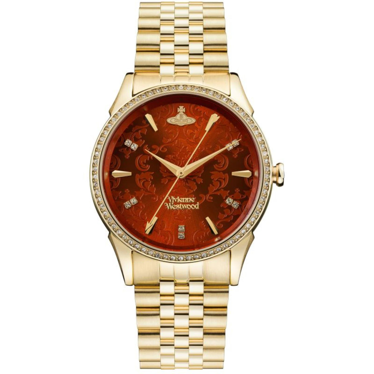 Ladies quartz watch with orange dial, gold-tone stainless bracelet, slim profile with crystal bezel