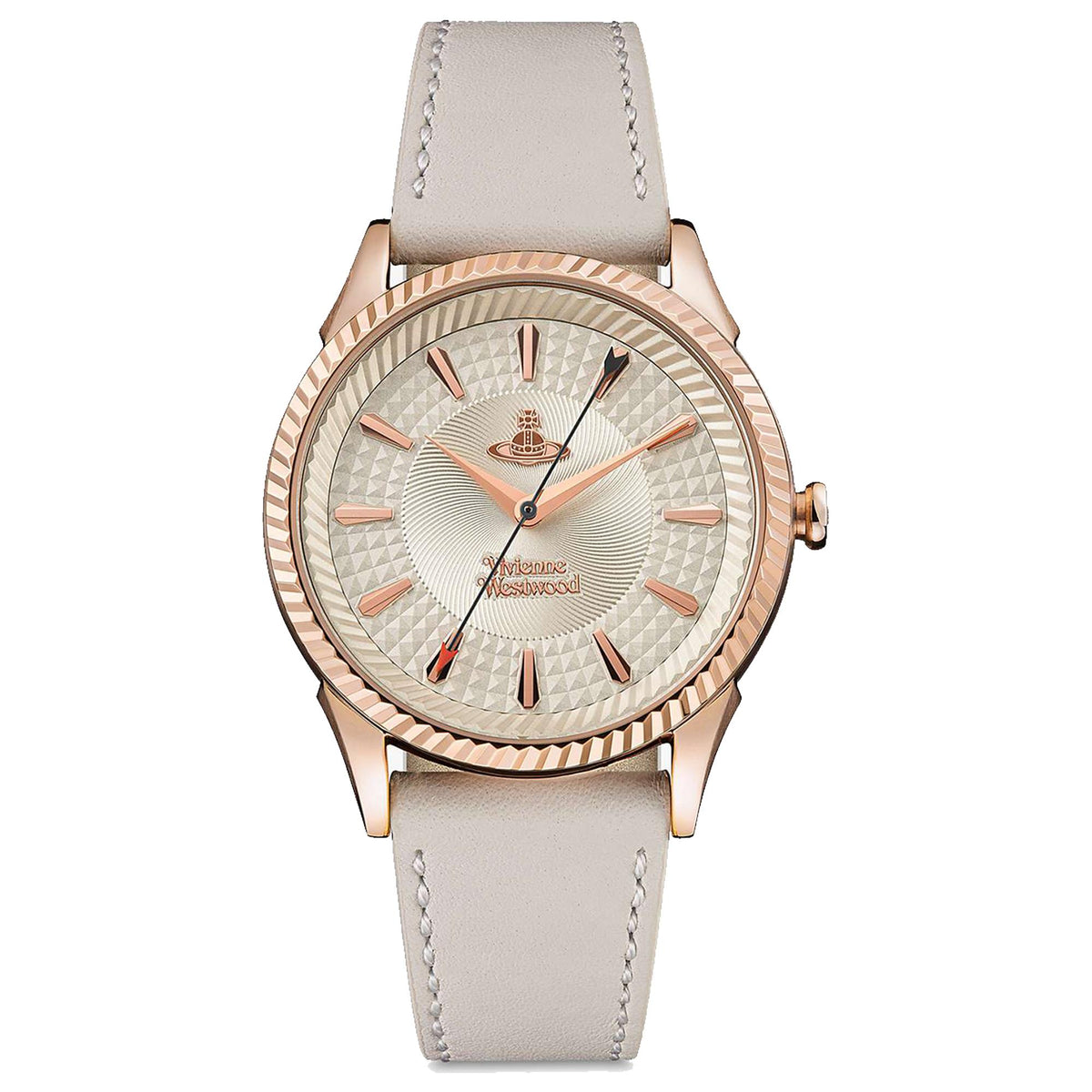 Ladies quartz watch front with rose-gold bezel, champagne dial, light gray leather strap.