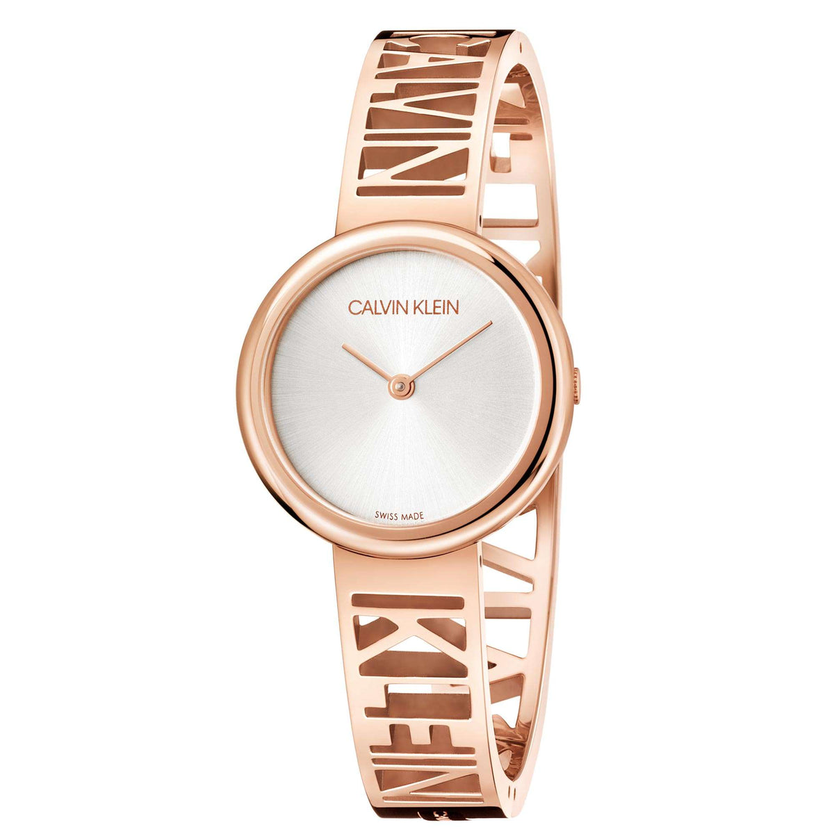 Rose gold-tone round case watch with silver dial and decorative Calvin Klein bracelet links