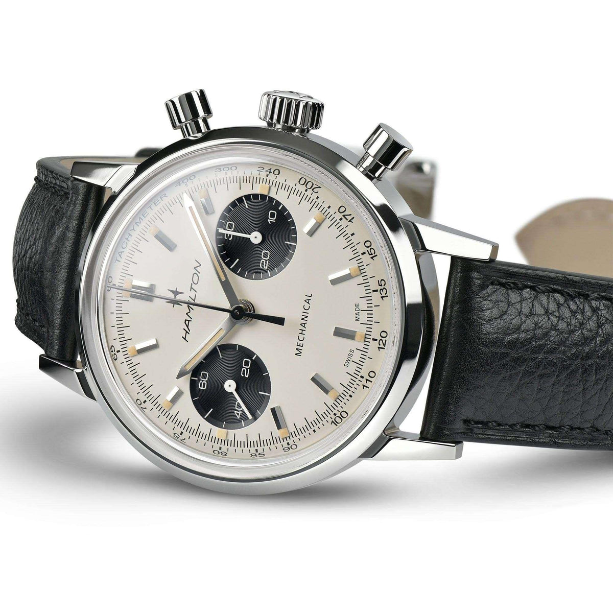 Hamilton automatic chronograph watch with white dial, black leather strap, three chronograph counters