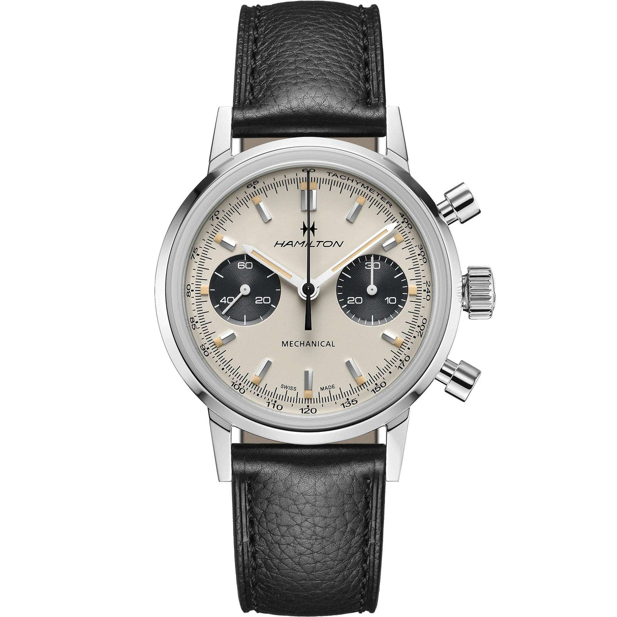 Hamilton chronograph watch, white dial, black leather strap, steel case with tachymeter ring