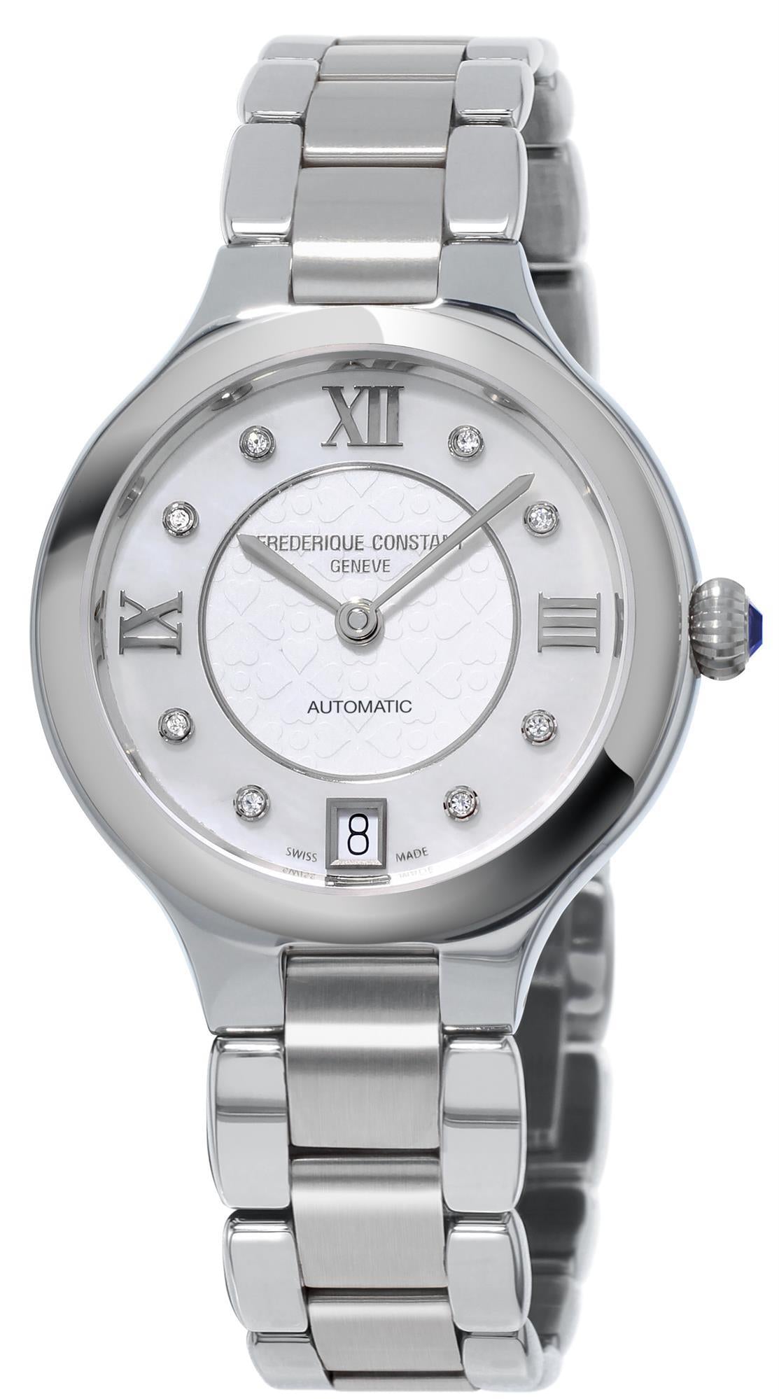 Stainless steel ladies wristwatch with white dial, date window, and metal bracelet