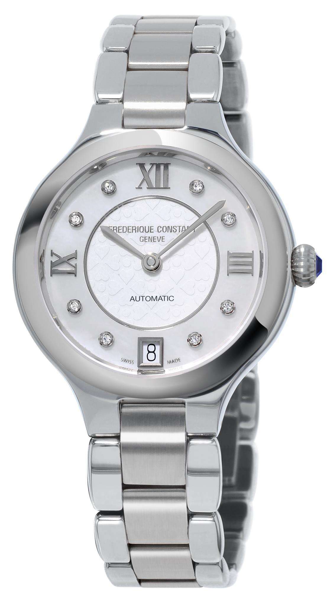 Stainless steel ladies wristwatch with Roman numeral dial, date window, and bracelet