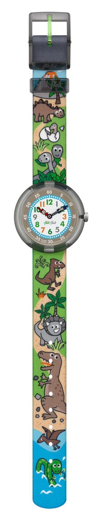 Kids dinosaur watch side view with colorful green strap and round grey face