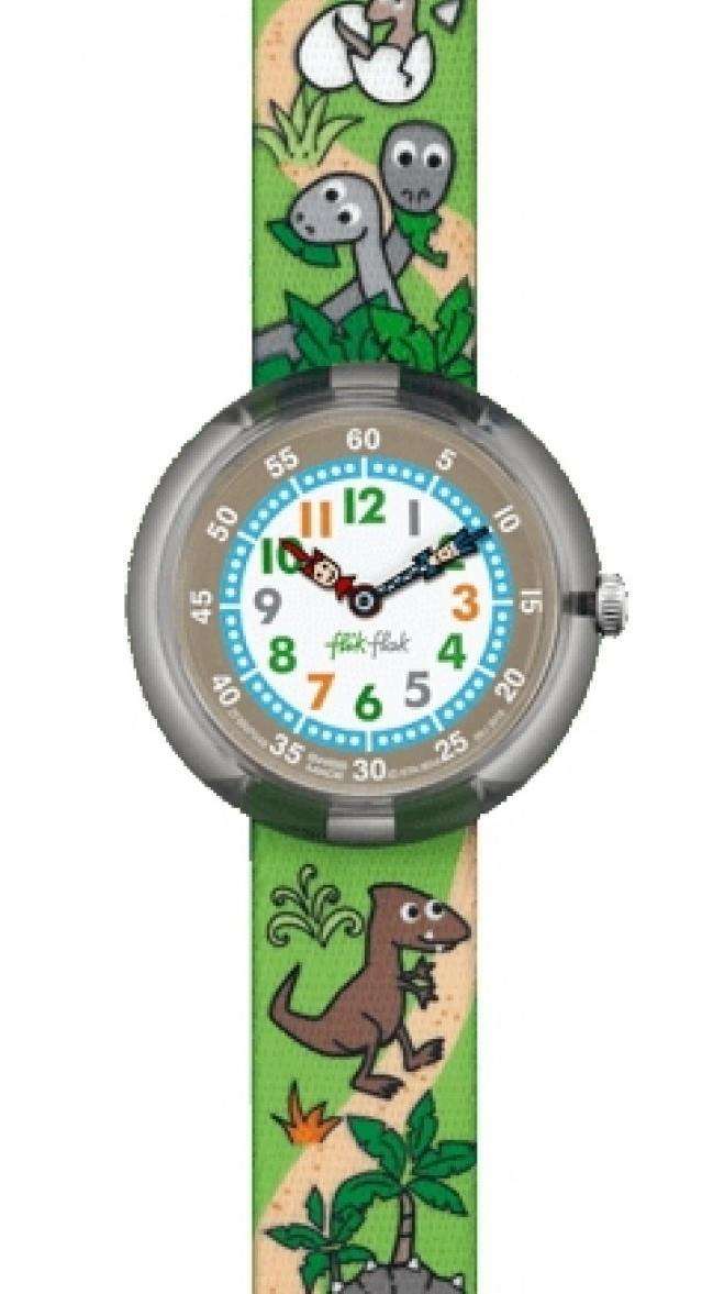 Kids dinosaur watch close-up: round grey case, green fabric strap with cartoon animals