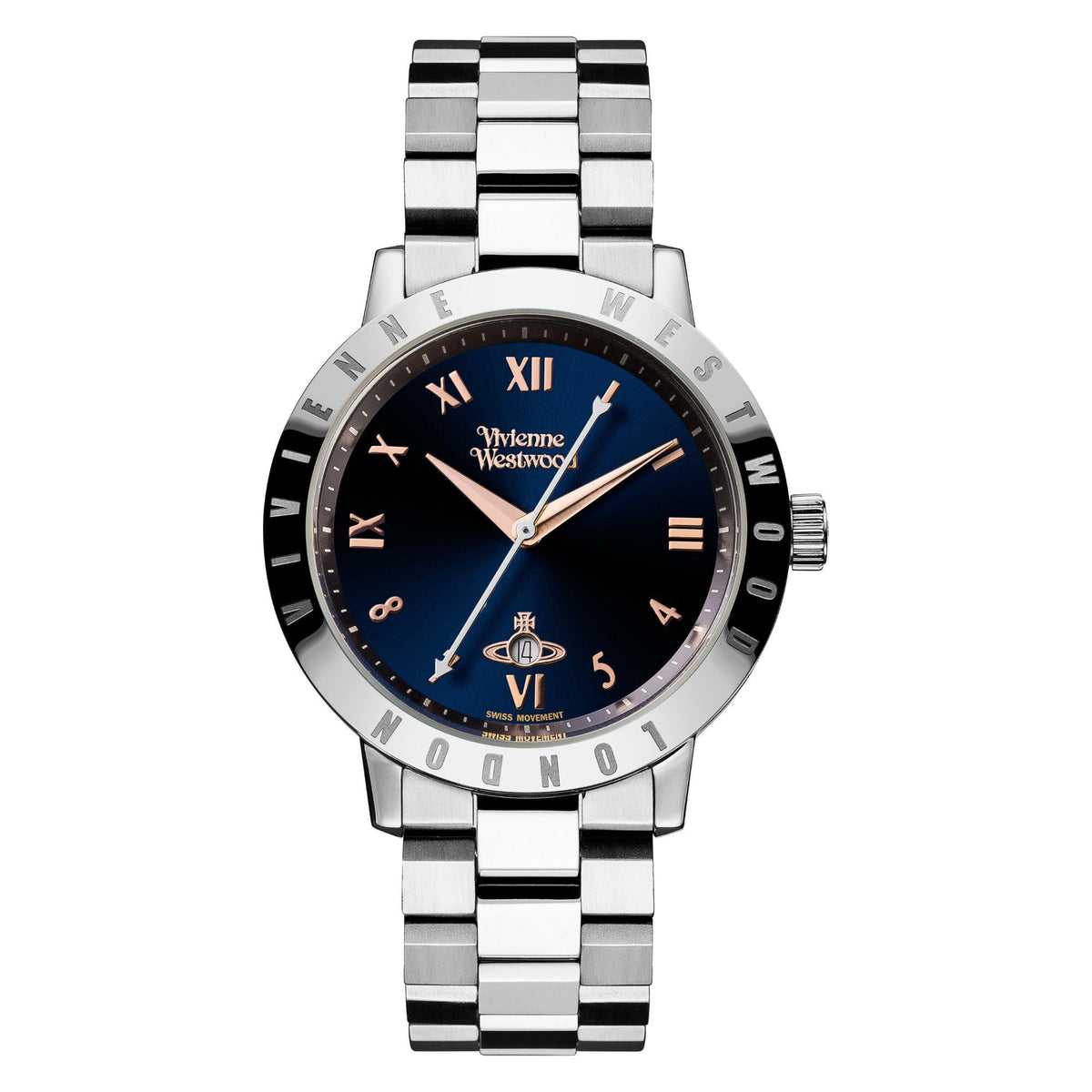 Women's steel strap watch front view, blue dial with five-minute markers and logo center