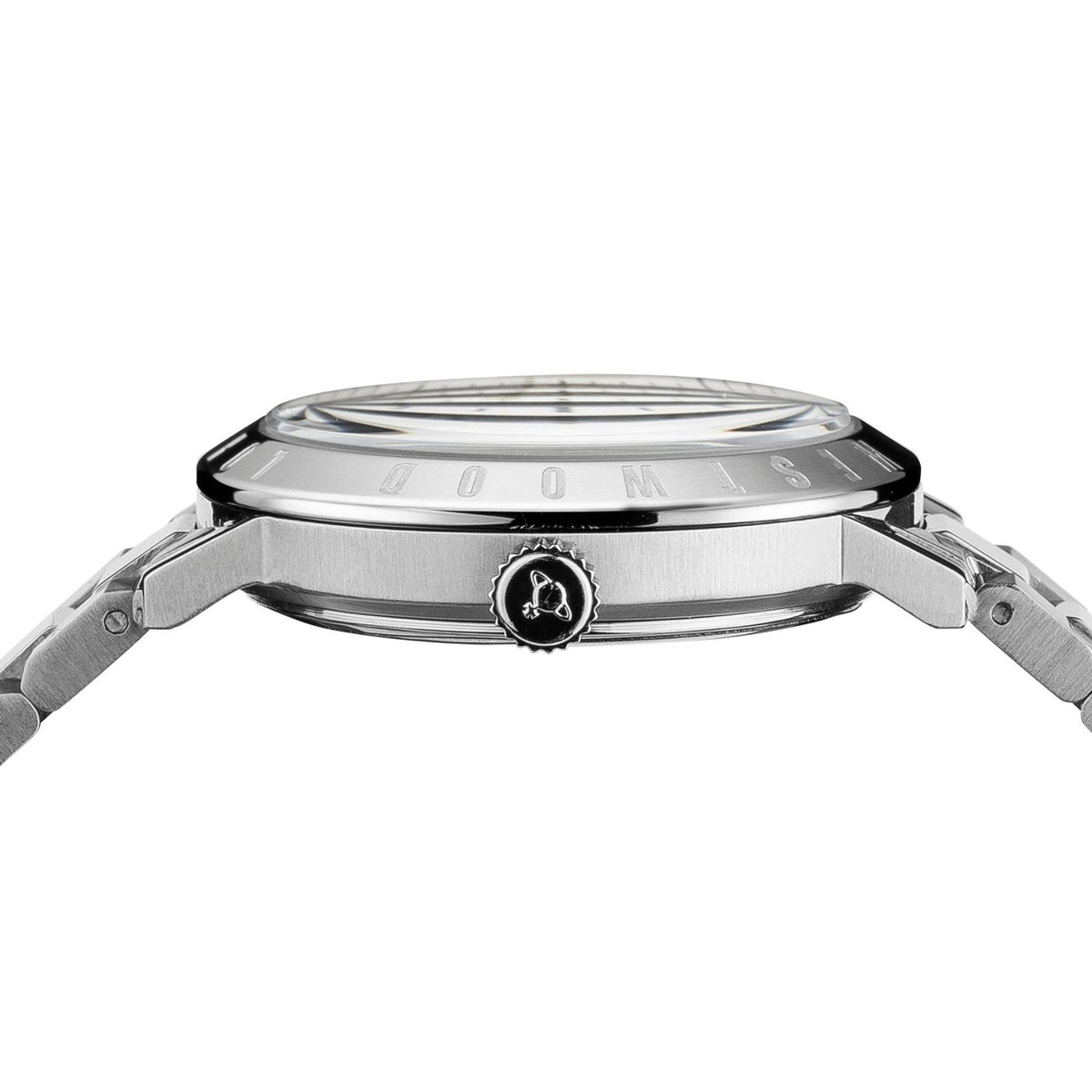 Stainless steel watch case with crown and crystal, showing ridged bezel